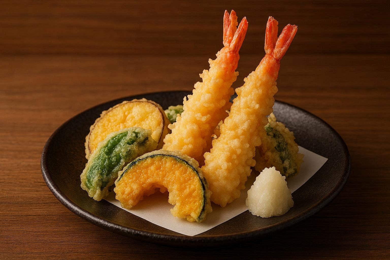 Tempura de legumes e camarão